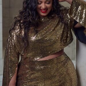 Eloquii Plus Size | Dramatic Split Sleeve Gold Sequin Crop Top | 18/20
